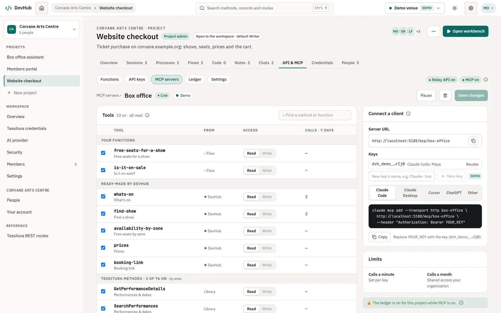 An MCP server named Box office: its read-only tools, from the project's own functions to DevHub's ready-made ones, and a Connect a client panel with setup for Claude Code.