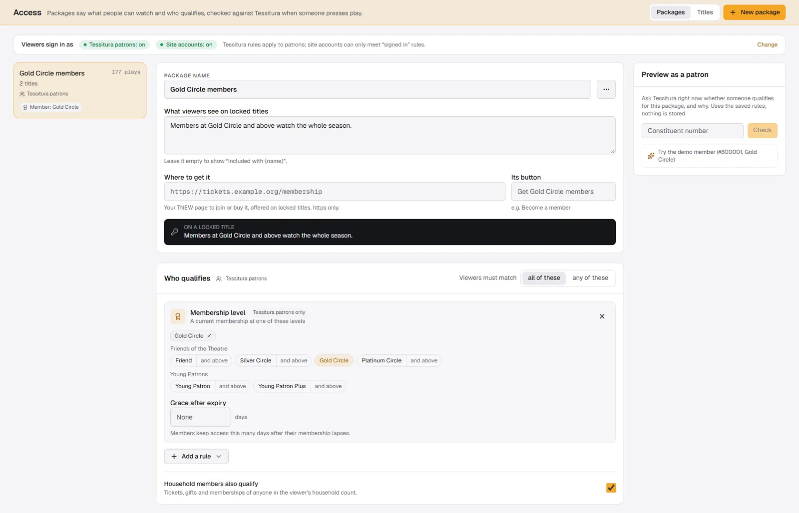 The Access screen: a Gold Circle members package whose rule is a Tessitura membership level, with a link to the TNEW membership page and a Preview as a patron panel.