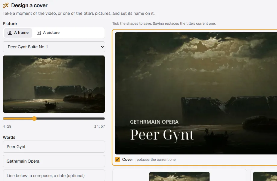 The Design a cover window: a frame from Peer Gynt with the title set on it, previewed as a cover, a poster and a square.