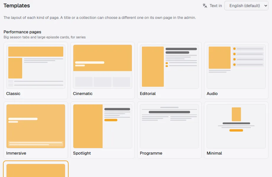 The Templates screen: drawings of nine layouts for performance pages, with Box set chosen, and the layouts for series pages below.
