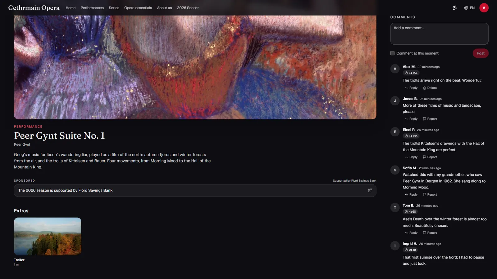 Comments beside the film: some pinned to a moment, each with Reply and Report.