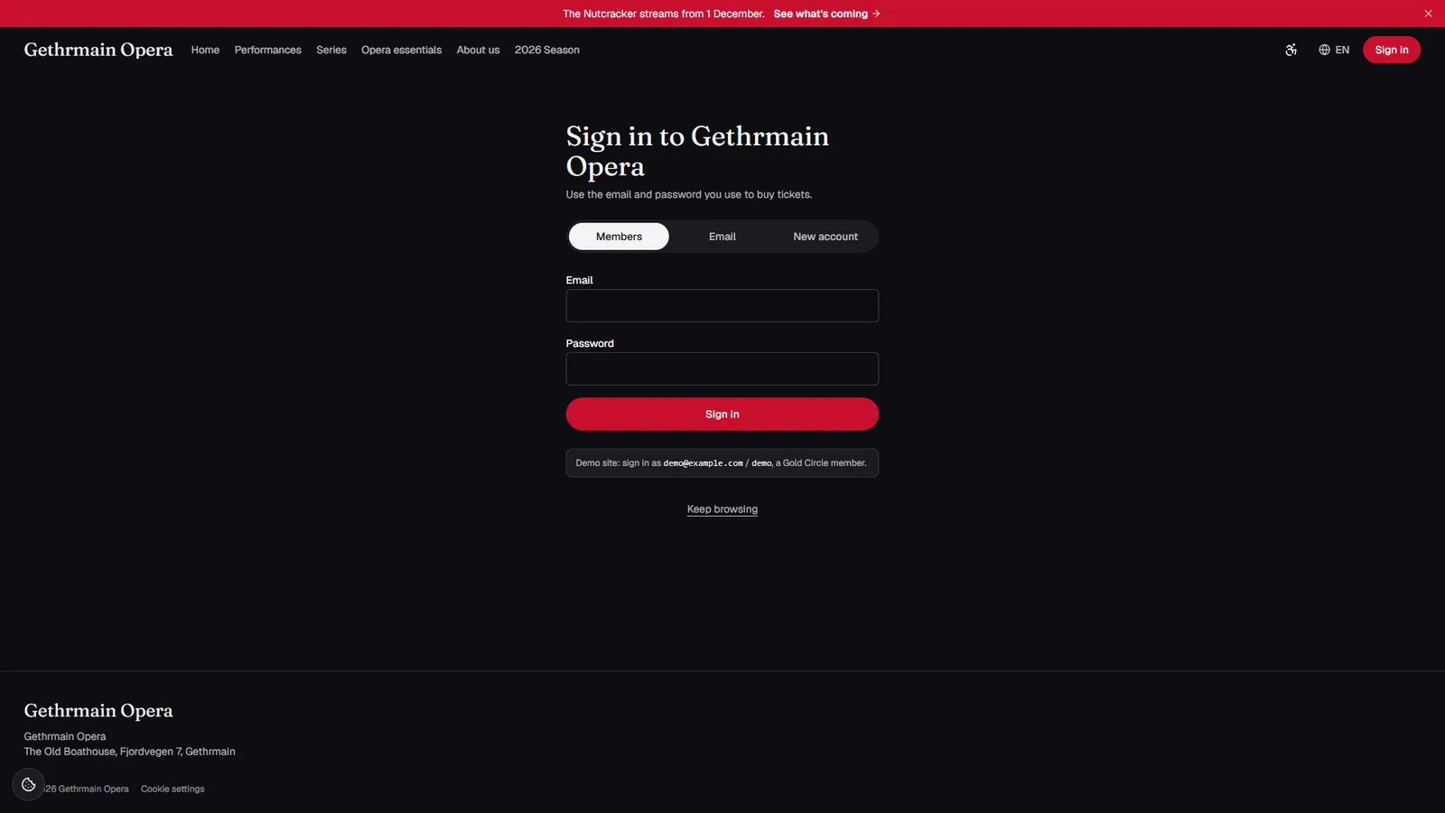 Patrons sign in with the email and password they use to buy tickets, or make a new account.