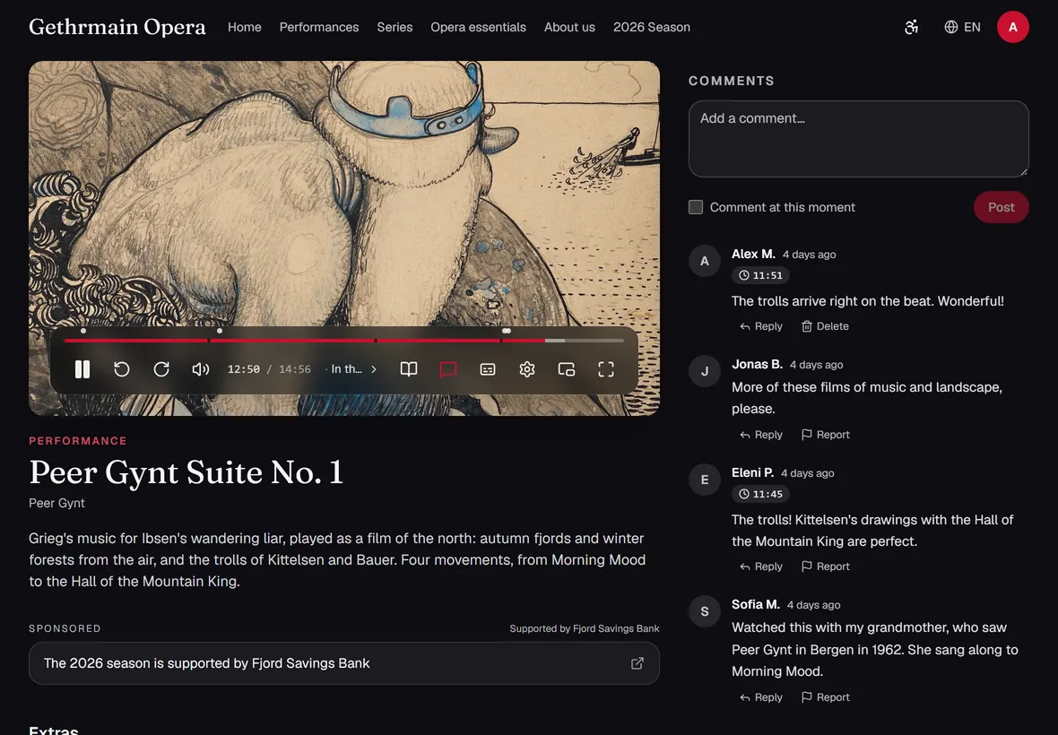 The player on a tablet in landscape, with chapters on the seek bar and comments alongside.